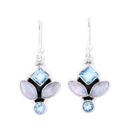 Glitzy Blue Blue Topaz and Rainbow Moonstone Dangle Earrings from India