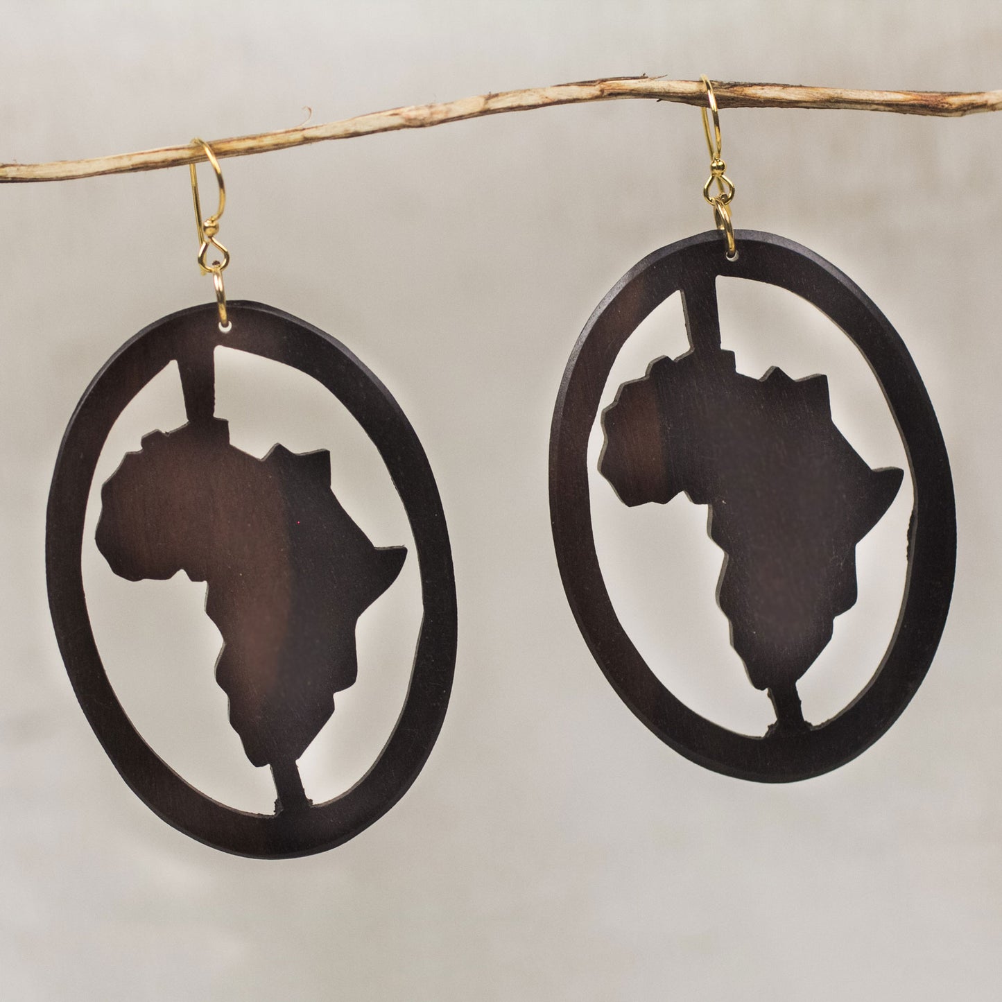 Africa Encircled Handcrafted Oval Ebony Wood Africa Continent Dangle Earrings