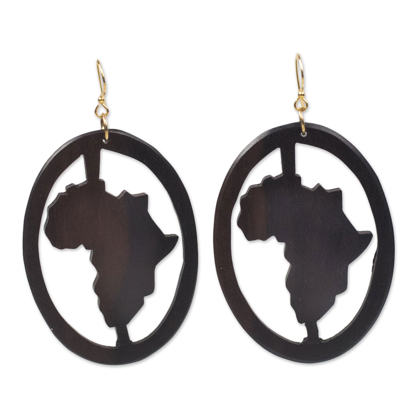 Africa Encircled Handcrafted Oval Ebony Wood Africa Continent Dangle Earrings