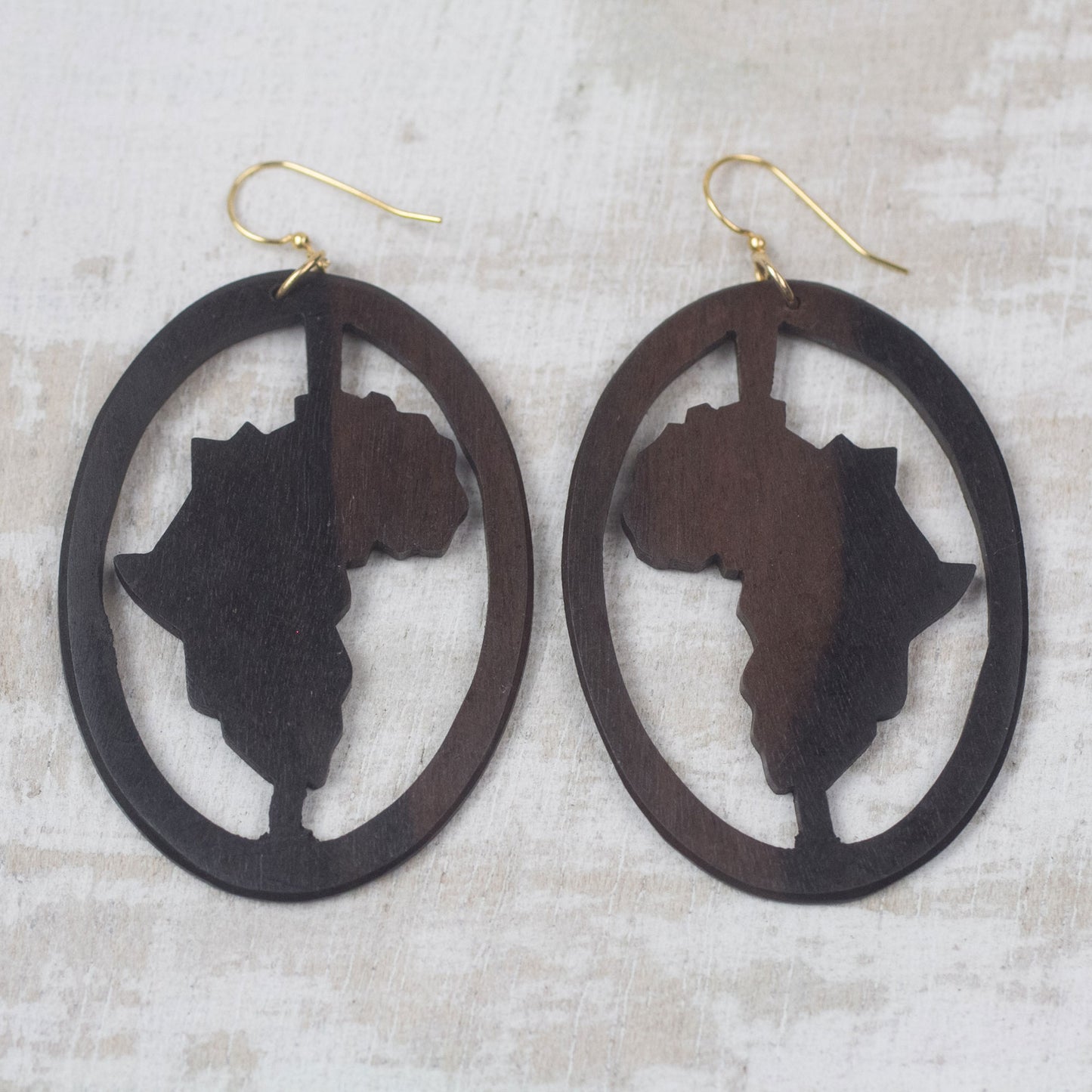 Africa Encircled Handcrafted Oval Ebony Wood Africa Continent Dangle Earrings