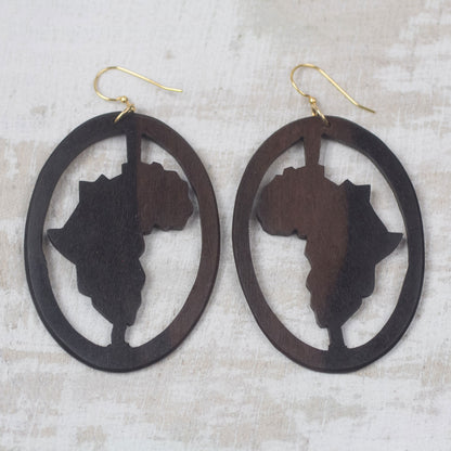 Africa Encircled Handcrafted Oval Ebony Wood Africa Continent Dangle Earrings