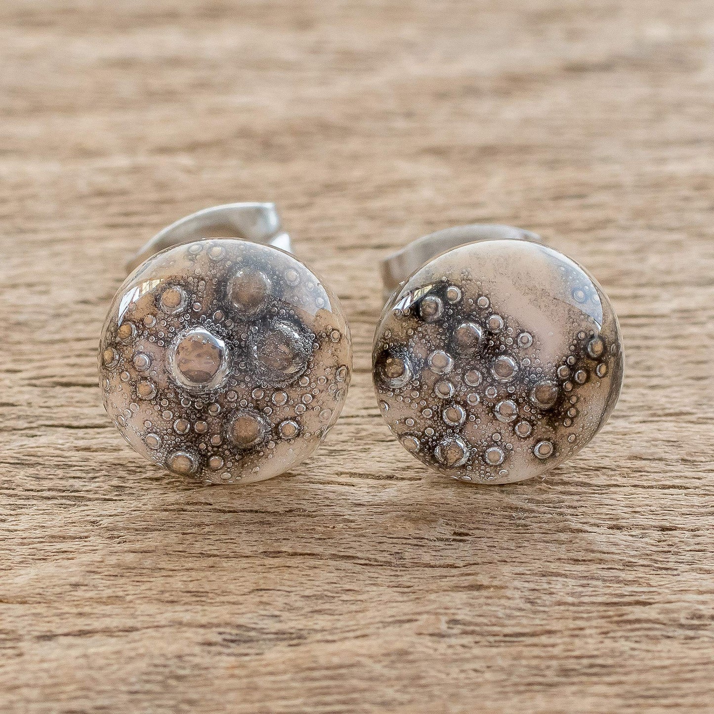 Bubble Texture in Grey Art Glass Stud Earrings in Grey from Costa Rica