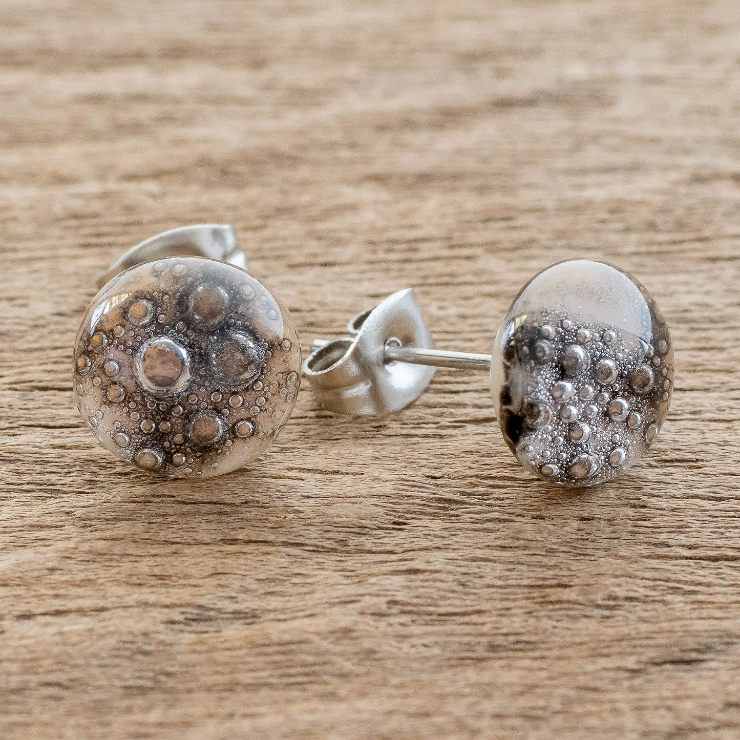 Bubble Texture in Grey Art Glass Stud Earrings in Grey from Costa Rica