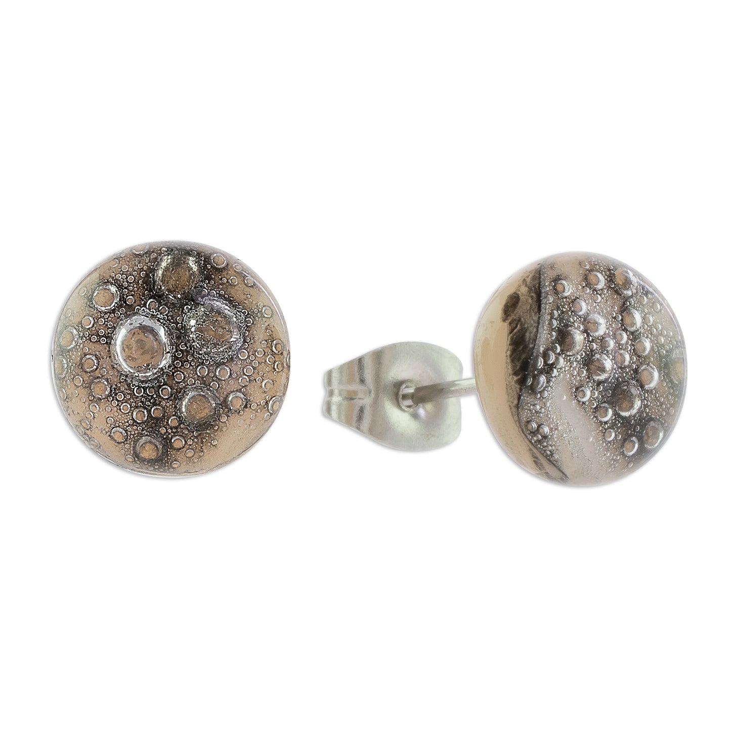 Bubble Texture in Grey Art Glass Stud Earrings in Grey from Costa Rica