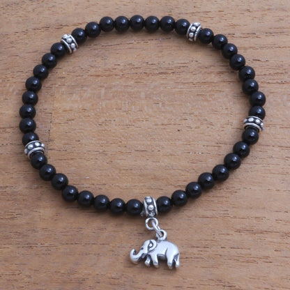 Elephant Dangle Onyx Elephant Beaded Stretch Bracelet from Bali