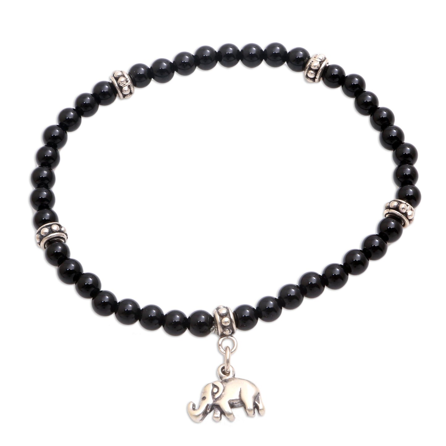 Elephant Dangle Onyx Elephant Beaded Stretch Bracelet from Bali