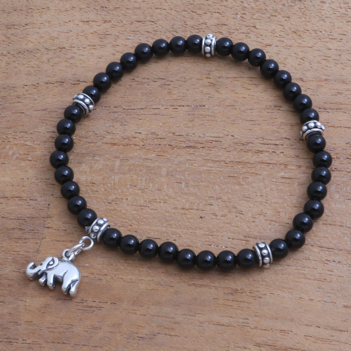 Elephant Dangle Onyx Elephant Beaded Stretch Bracelet from Bali