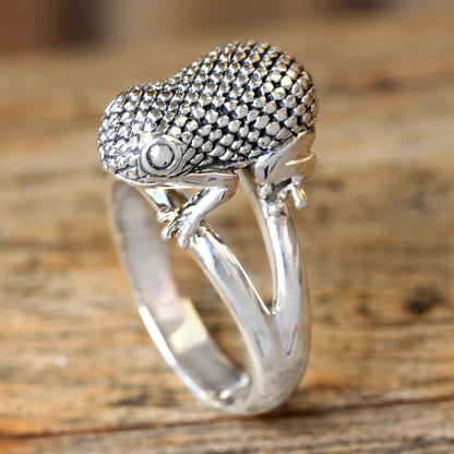 Crouching Frog Sterling Silver Frog Cocktail Ring from Bali