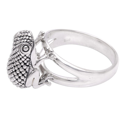 Crouching Frog Sterling Silver Frog Cocktail Ring from Bali