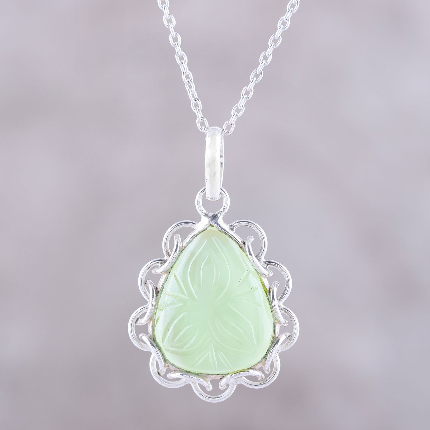 Lovely Drop Leaf Motif Chalcedony Pendant Necklace from India