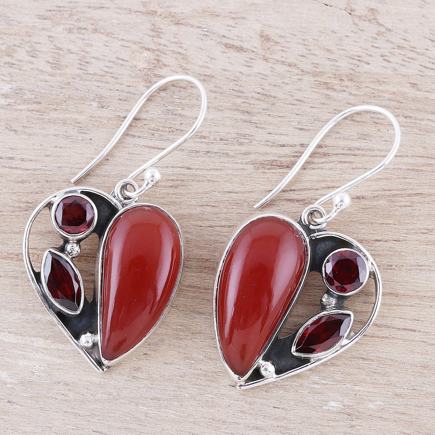 Red Hearts Carnelian and Garnet Heart Earrings from India