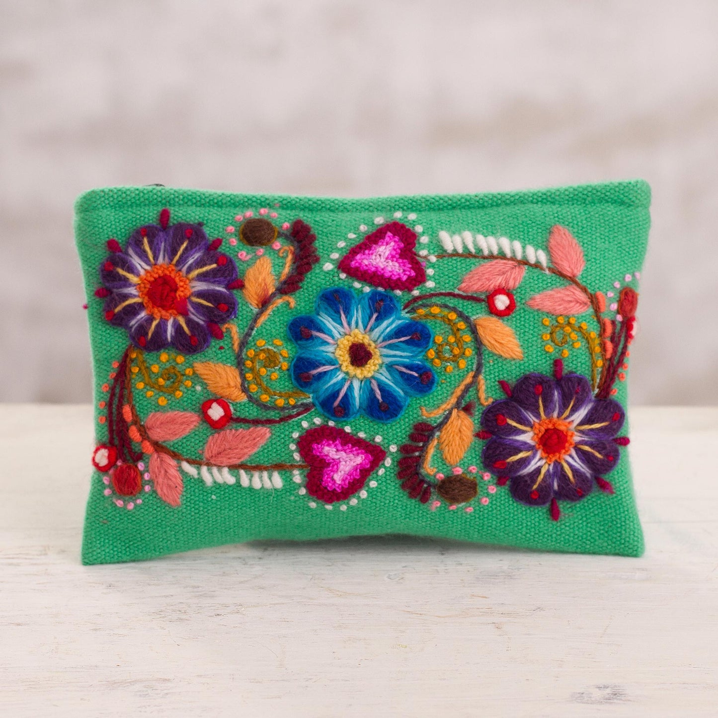 Flowers in Love Floral Embroidered Alpaca Blend Coin Purse from Peru