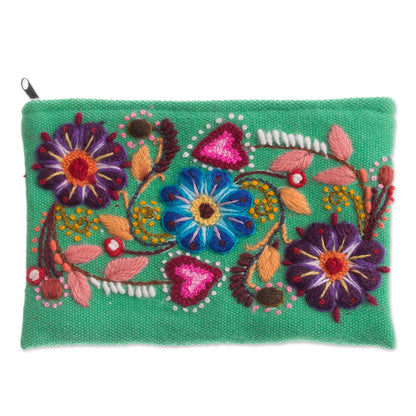 Flowers in Love Floral Embroidered Alpaca Blend Coin Purse from Peru