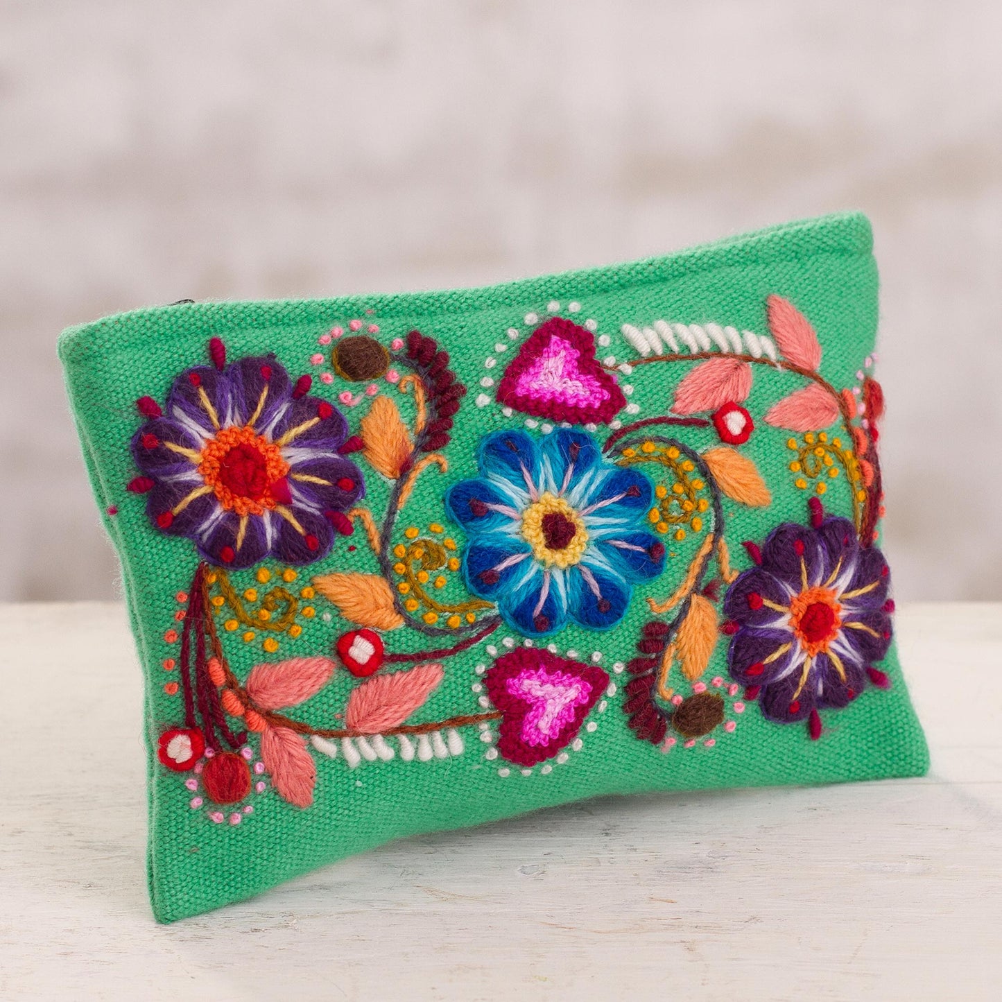 Flowers in Love Floral Embroidered Alpaca Blend Coin Purse from Peru