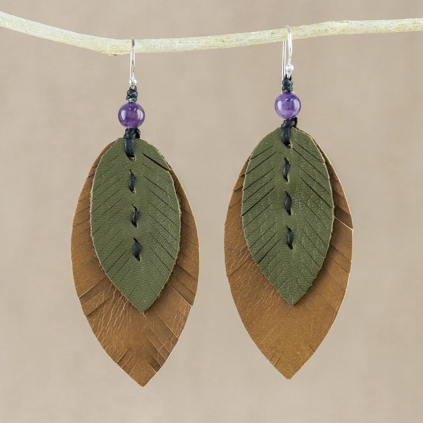 Happy Leaves Amethyst and Leather Leaf Dangle Earrings from Thailand