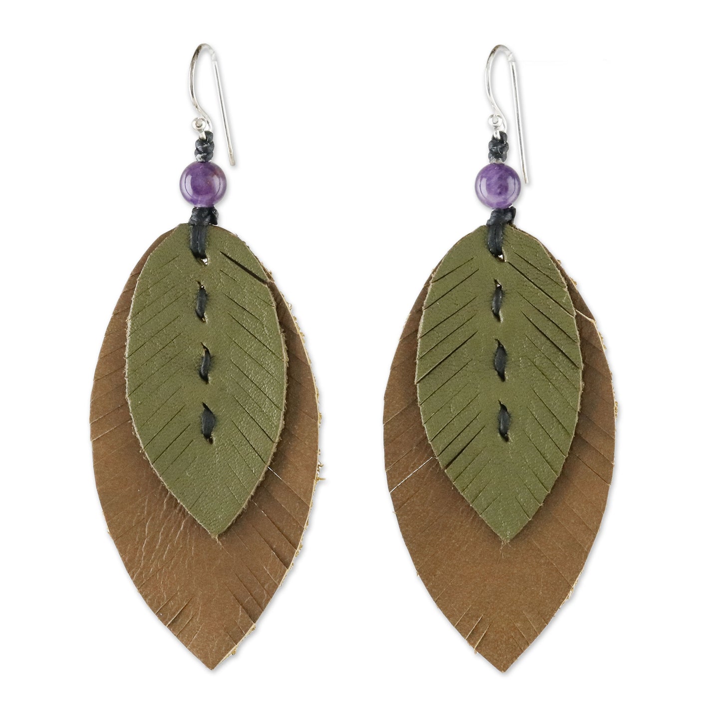 Happy Leaves Amethyst and Leather Leaf Dangle Earrings from Thailand