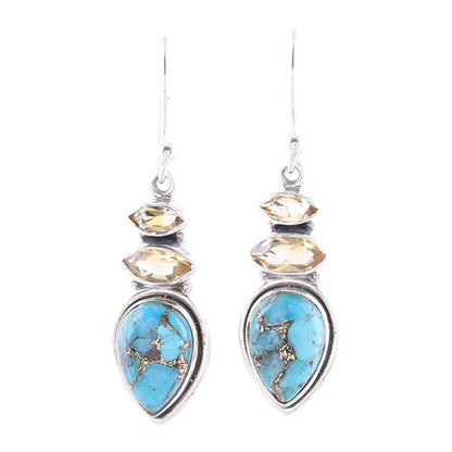 Gemstone Allure Citrine and Composite Turquoise Dangle Earrings from India