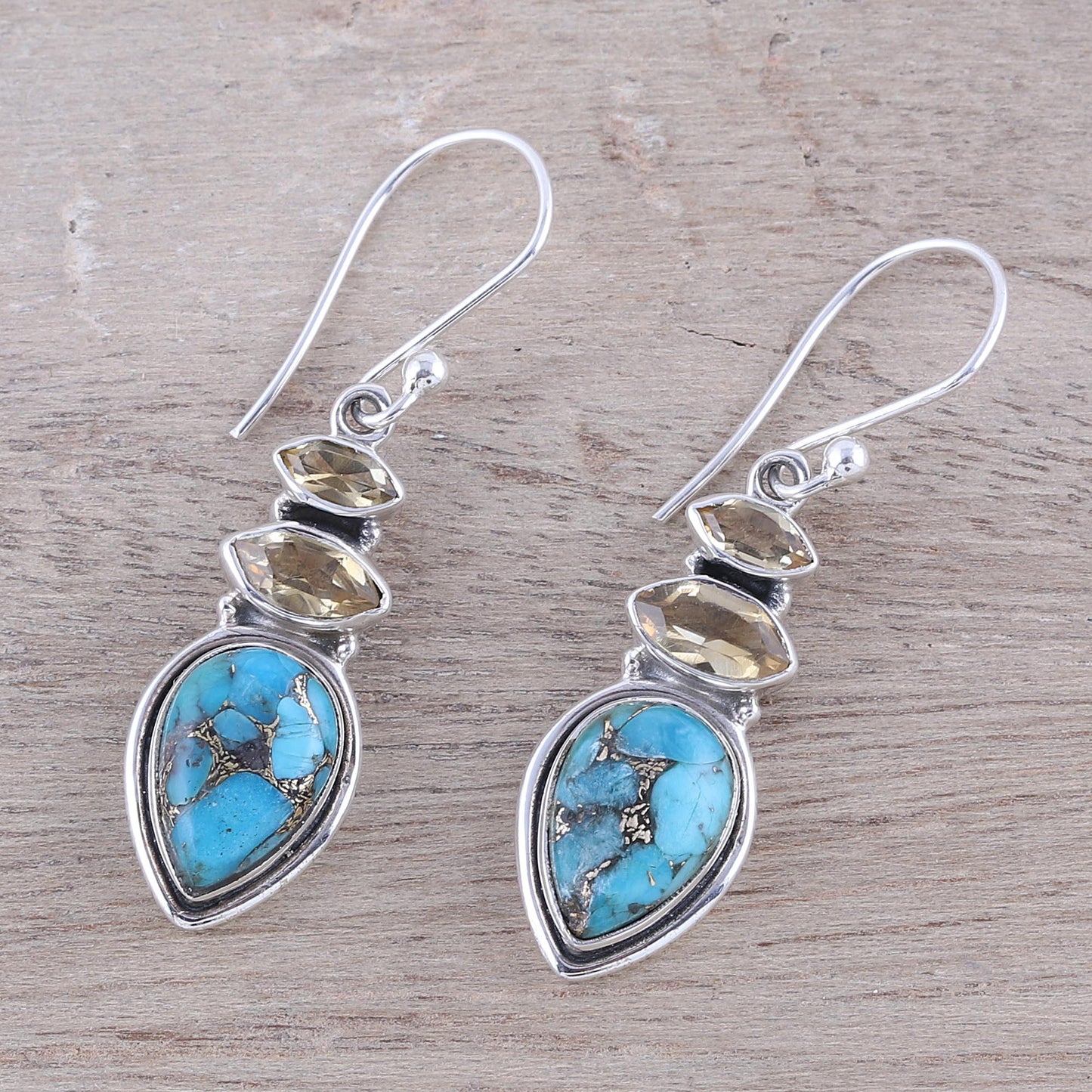 Gemstone Allure Citrine and Composite Turquoise Dangle Earrings from India