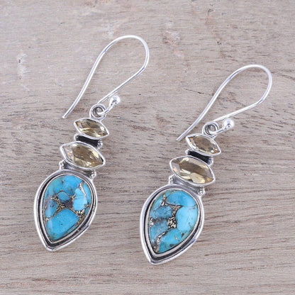 Gemstone Allure Citrine and Composite Turquoise Dangle Earrings from India