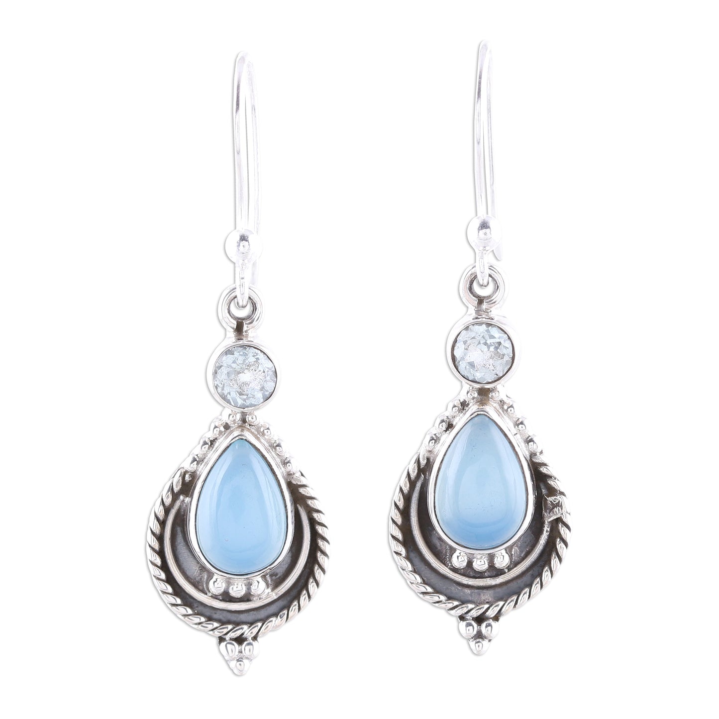 Sky Fascination Chalcedony and Blue Topaz Dangle Earrings from India