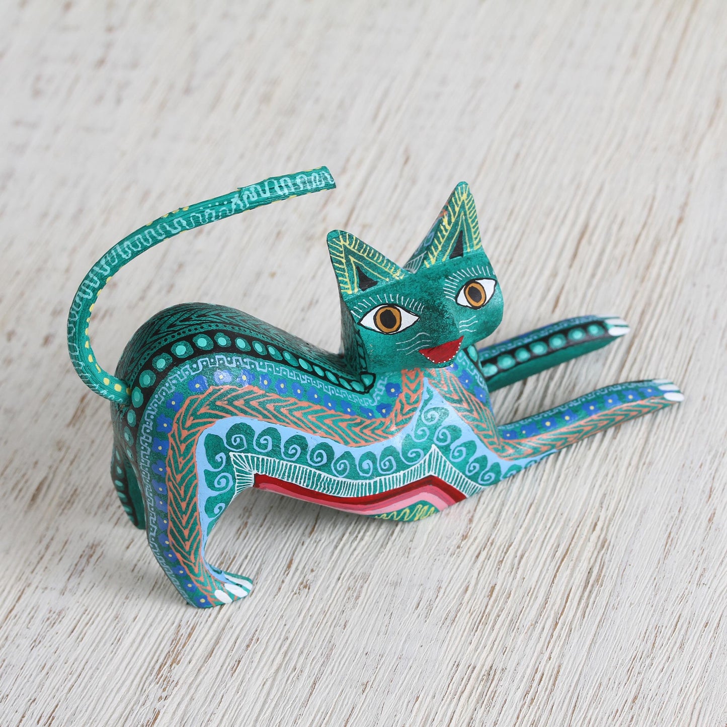 Cat Stretch Wood Alebrije Figurine Cat in Green from Mexico