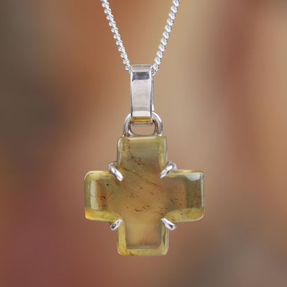 Square Cross Natural Amber Cross Pendant Necklace from Mexico