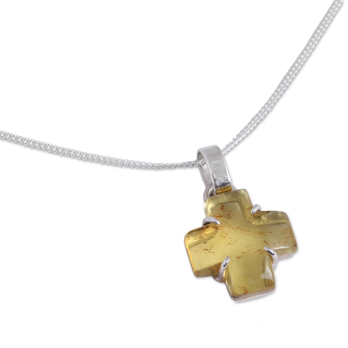 Square Cross Natural Amber Cross Pendant Necklace from Mexico