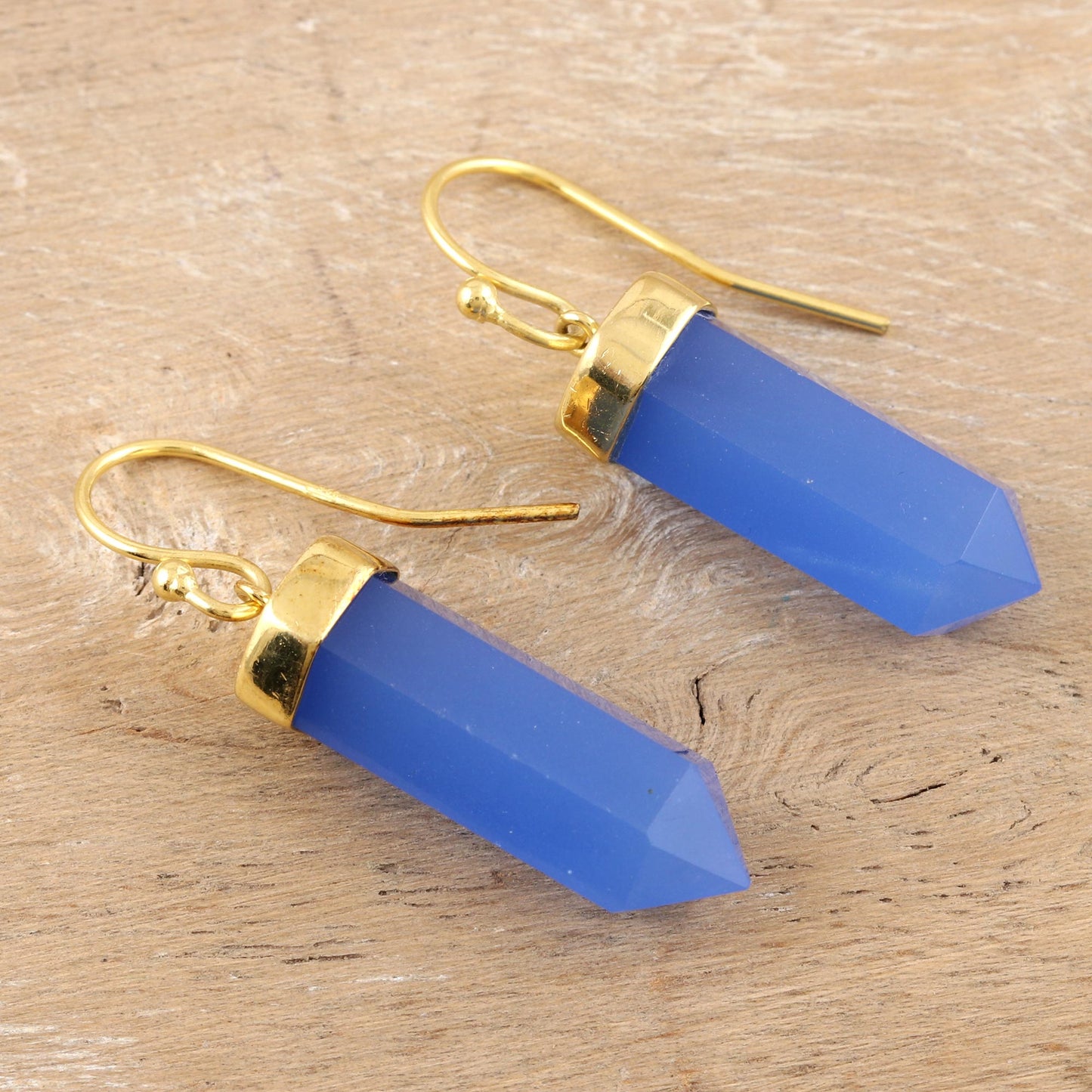 Sky Blue Bullet Gold Accented 30-Carat Chalcedony Dangle Earrings from India