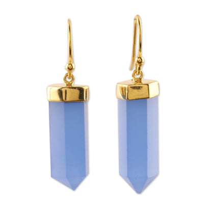 Sky Blue Bullet Gold Accented 30-Carat Chalcedony Dangle Earrings from India