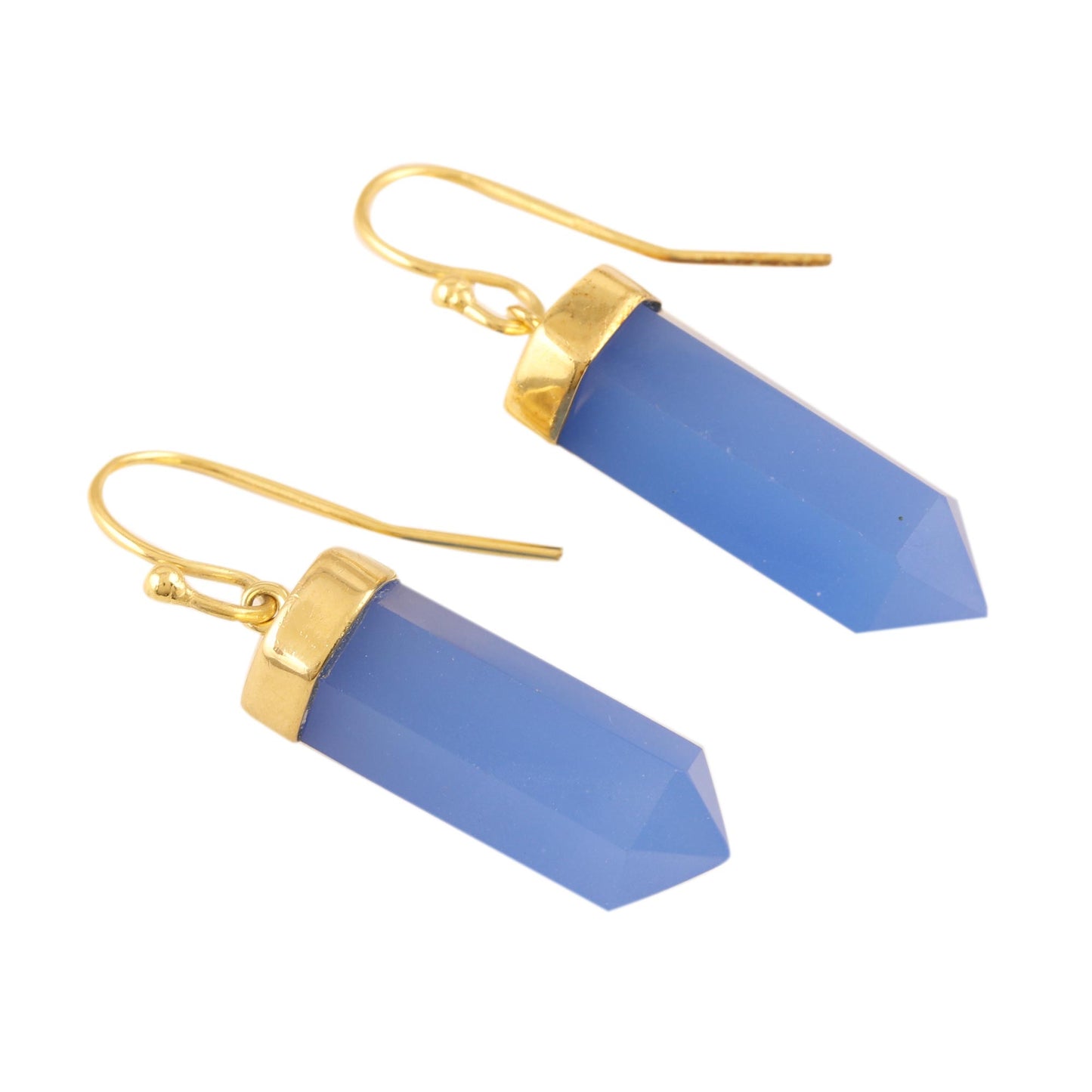 Sky Blue Bullet Gold Accented 30-Carat Chalcedony Dangle Earrings from India