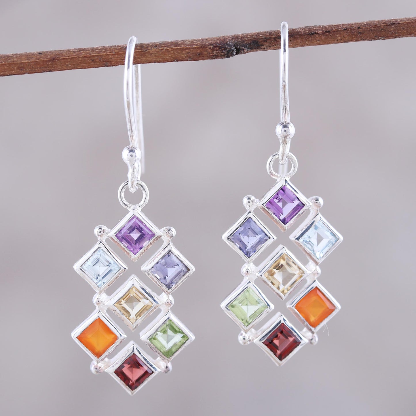 Wellness Multi-Gemstone Chakra Dangle Earrings from India