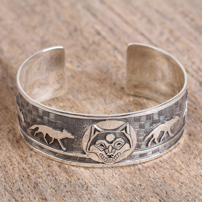 Lunar Wolves Taxco Sterling Silver Wolf Cuff Bracelet from Mexico