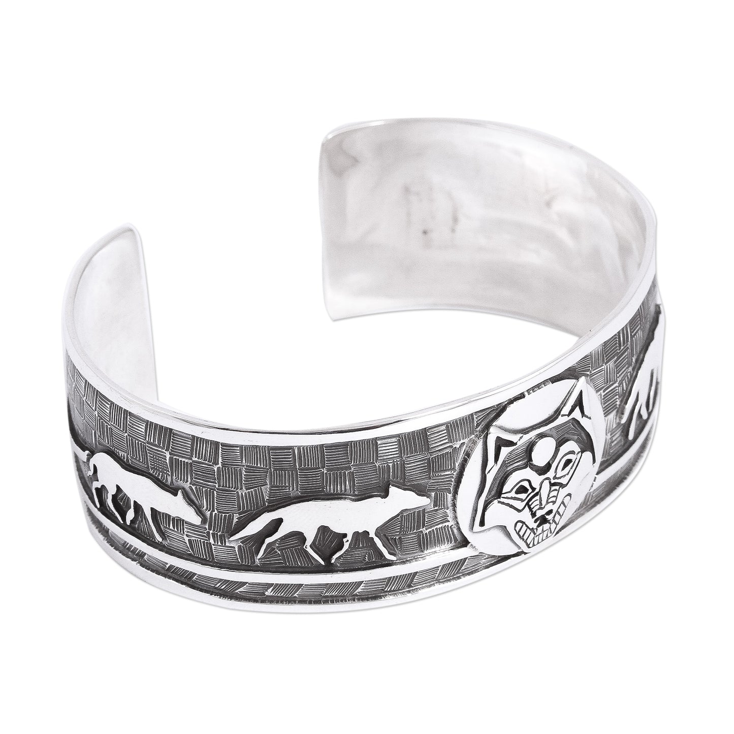 Lunar Wolves Taxco Sterling Silver Wolf Cuff Bracelet from Mexico