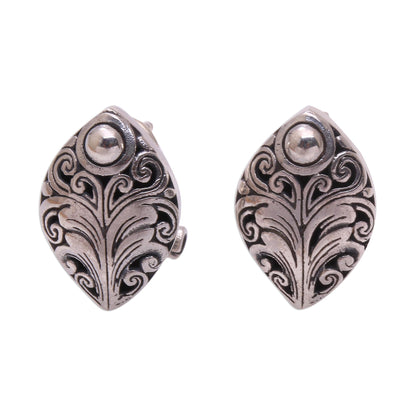 Pointed Elegance Sterling Silver Scrolling Leaf Motif Drop Earrings from Bali