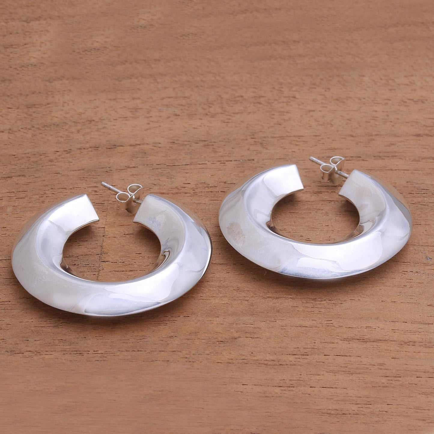 Curving Pillars Modern Sterling Silver Half-Hoop Earrings from Bali