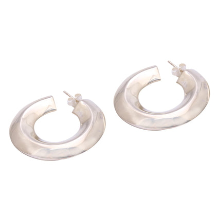 Curving Pillars Modern Sterling Silver Half-Hoop Earrings from Bali