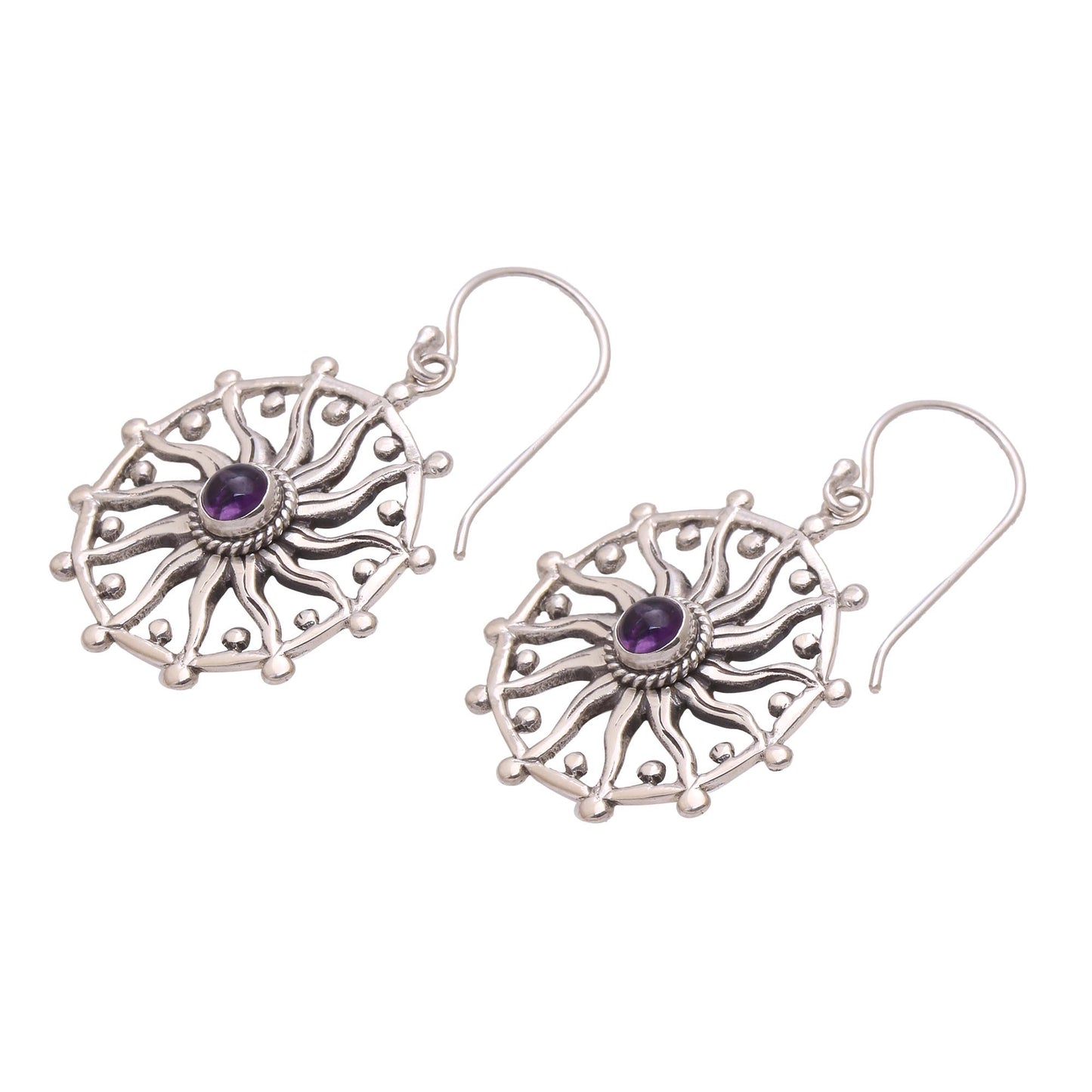 Regal Rays Sun Motif Amethyst Dangle Earrings from Bali