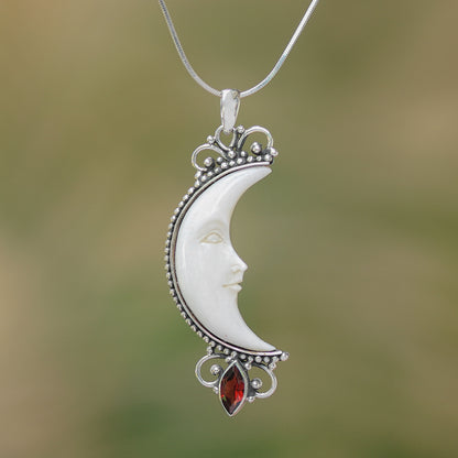 Moonlight Glimmer Garnet Silver & Cow Bone Pendant Necklace