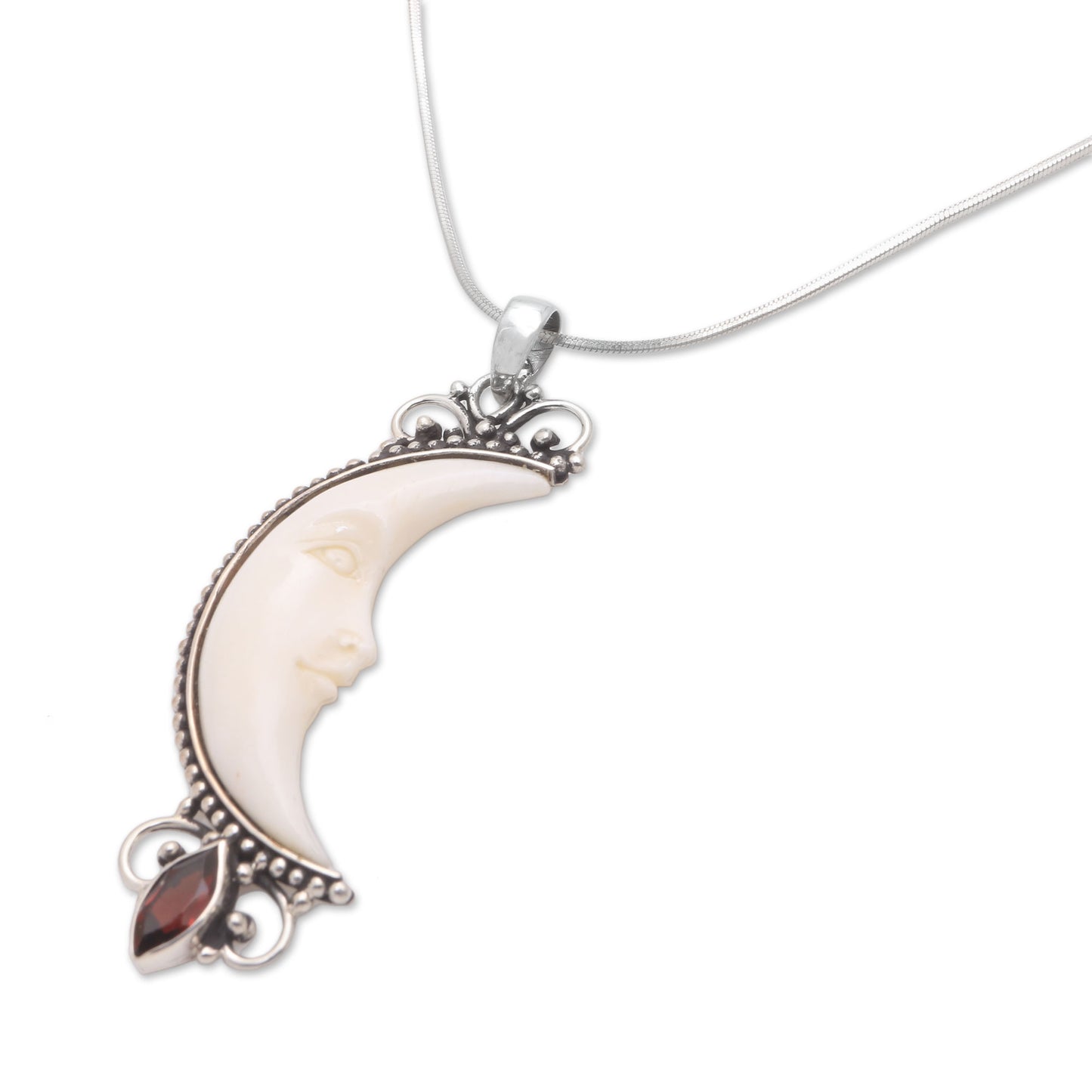 Moonlight Glimmer Garnet Silver & Cow Bone Pendant Necklace