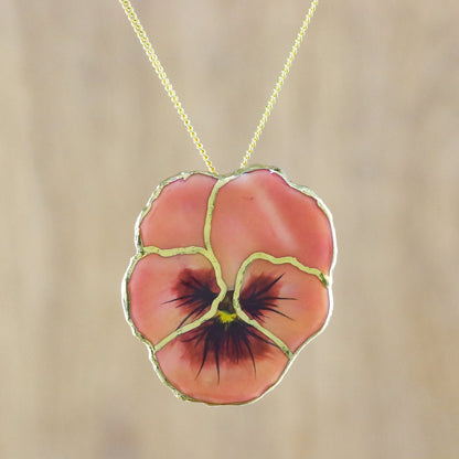 Pansy Resin Dipped Pink Pansy 24K Gold Plated Pendant Necklace