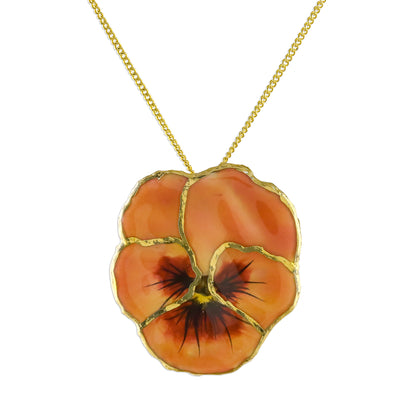 Pansy Resin Dipped Pink Pansy 24K Gold Plated Pendant Necklace