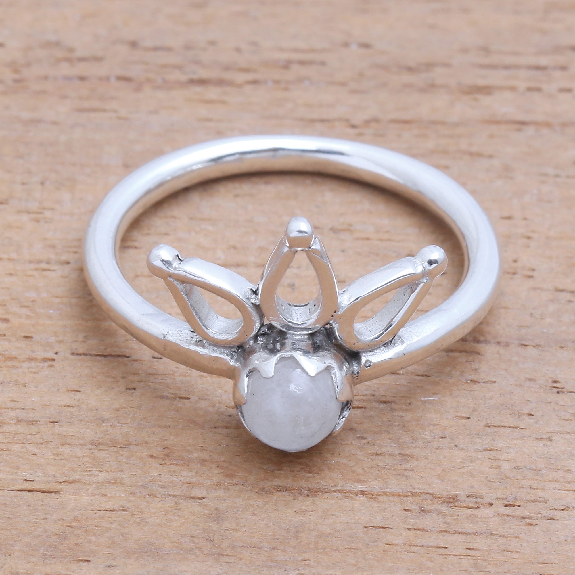 NOVICA Lotus Crown Crown Motif Moonstone Cocktail Ring from Bali ...