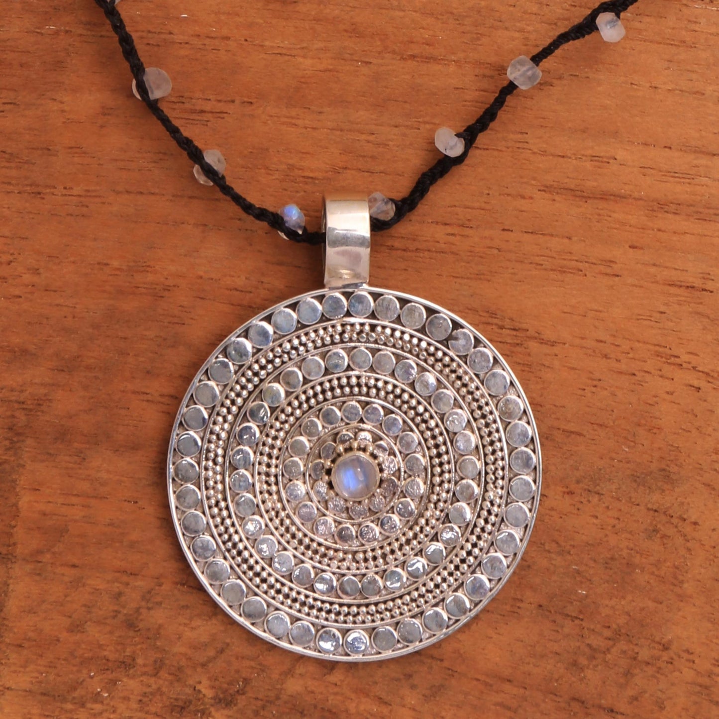 Pebble Shield Rainbow Moonstone Beaded Pendant Necklace from Bali