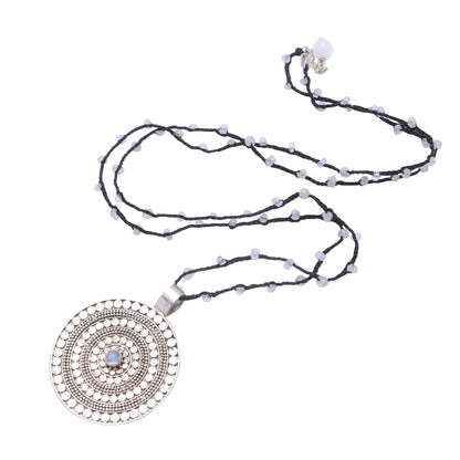 Pebble Shield Rainbow Moonstone Beaded Pendant Necklace from Bali