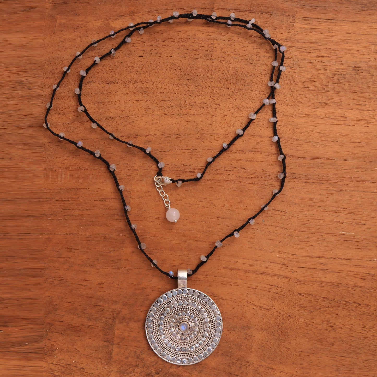 Pebble Shield Rainbow Moonstone Beaded Pendant Necklace from Bali