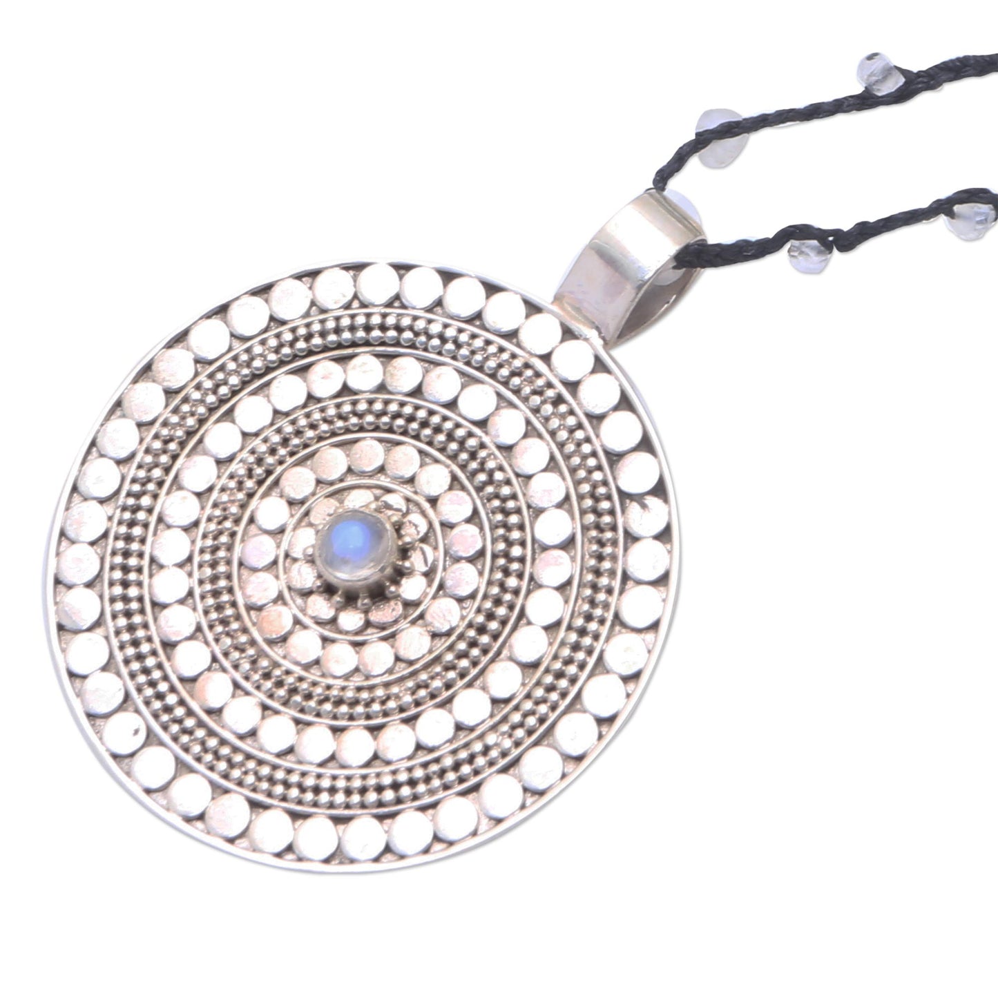 Pebble Shield Rainbow Moonstone Beaded Pendant Necklace from Bali