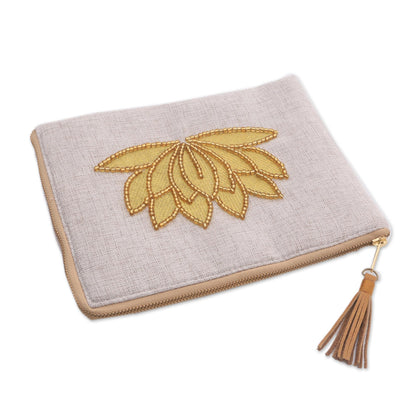 God's Grace in Bone Floral Embellished Jute Coin Purse in Bone from Java