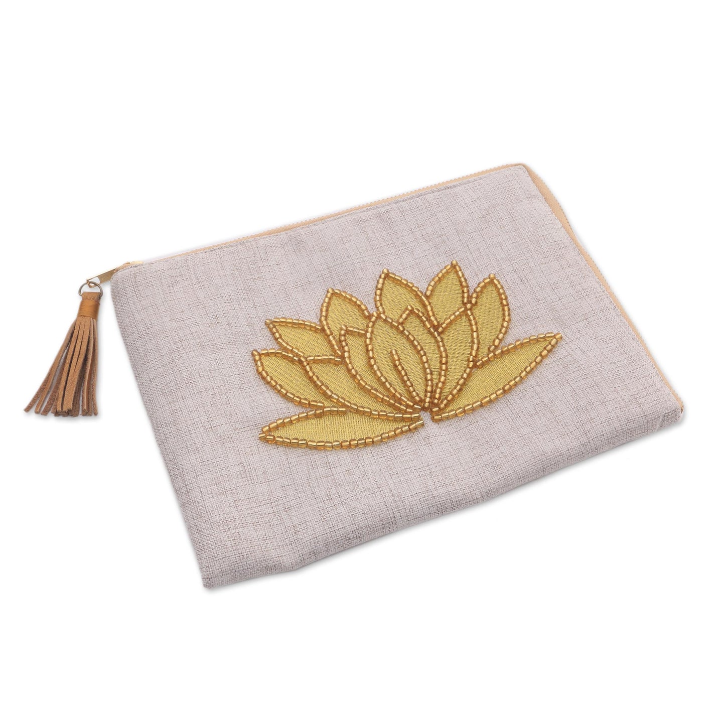 God's Grace in Bone Floral Embellished Jute Coin Purse in Bone from Java