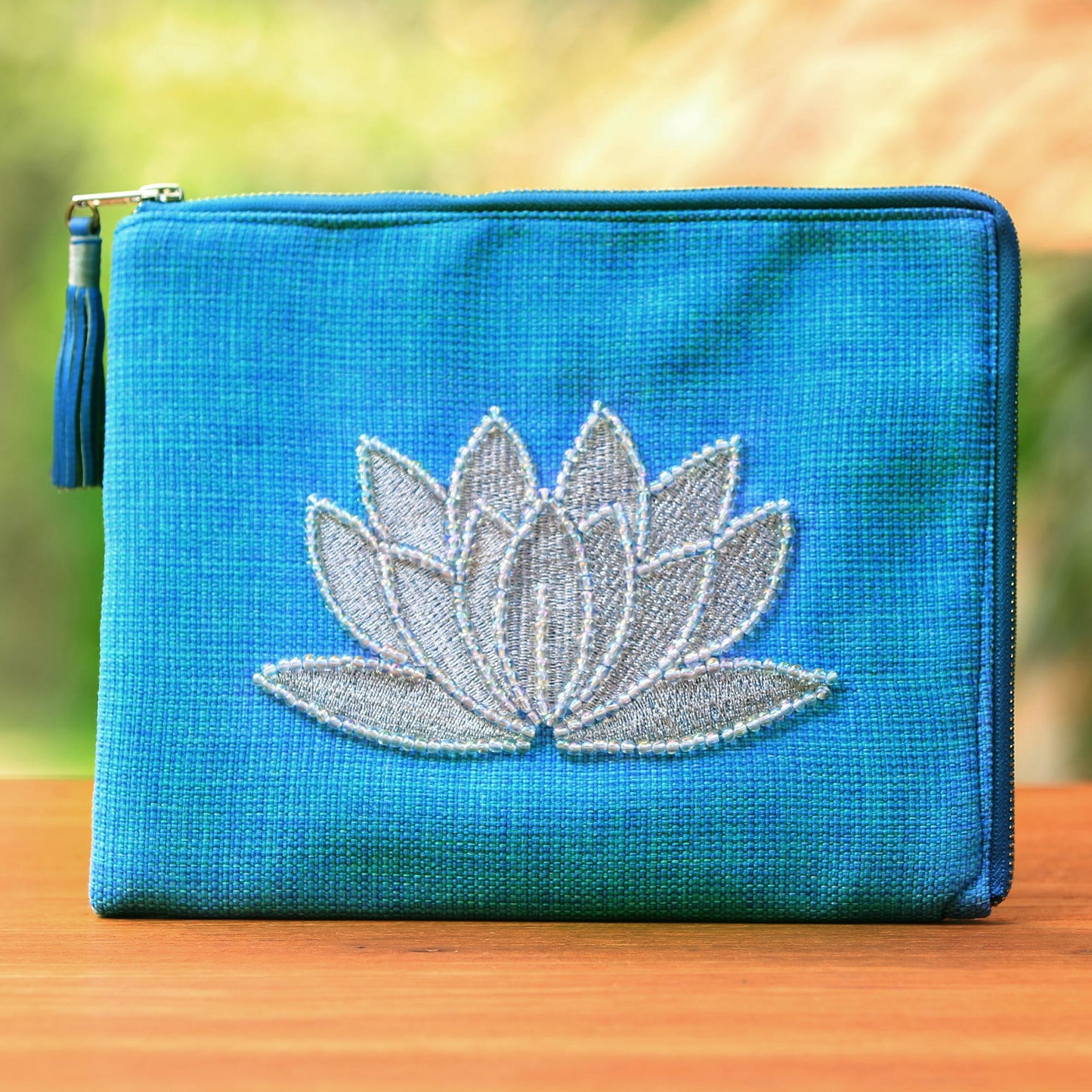 God's Grace in Sky Blue Floral Embellished Jute Coin Purse in Sky Blue from Java