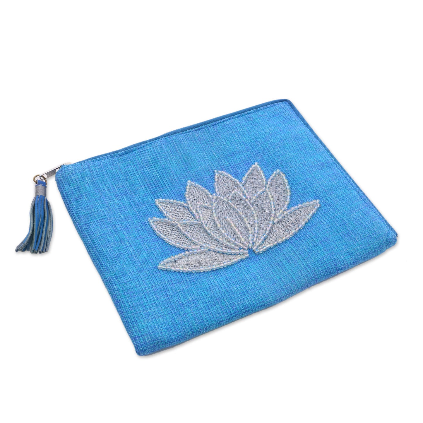 God's Grace in Sky Blue Floral Embellished Jute Coin Purse in Sky Blue from Java